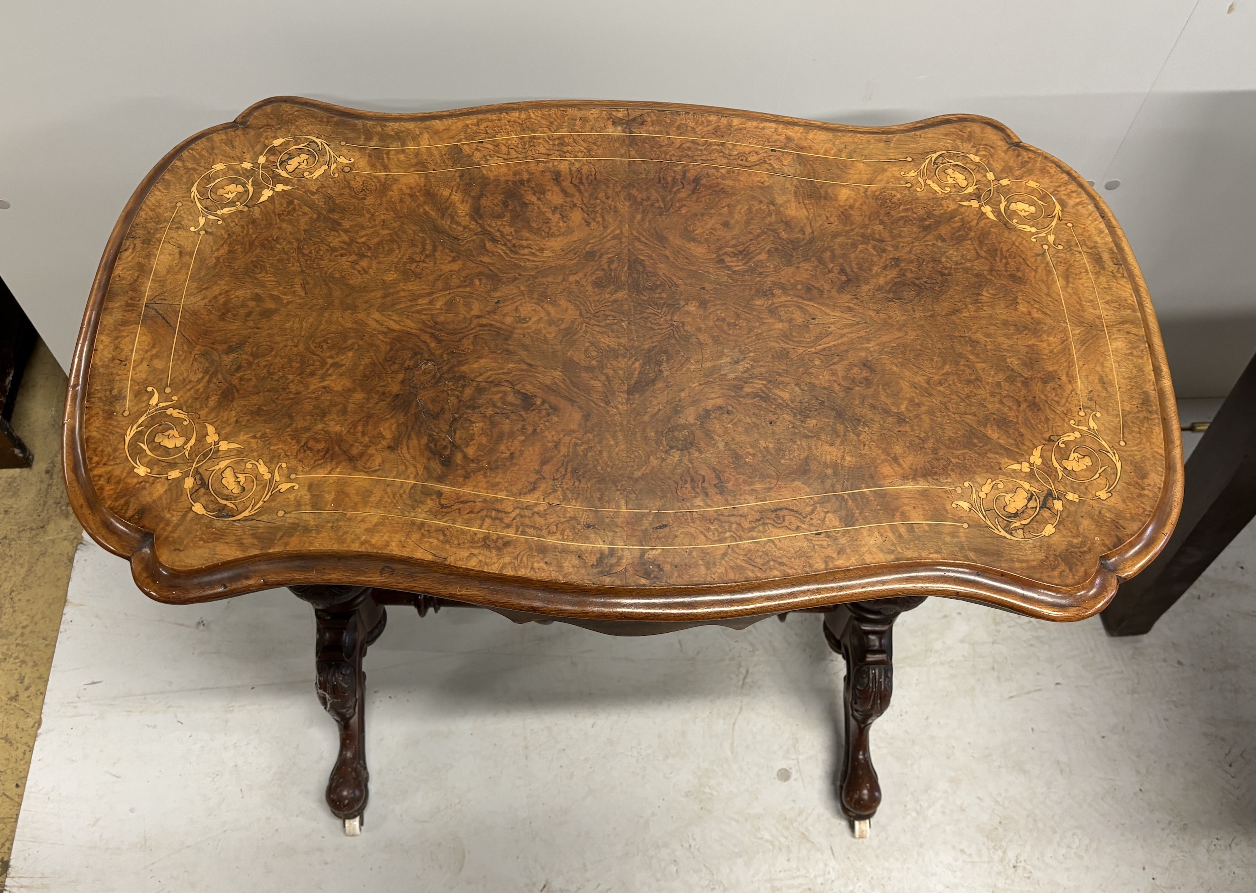 A Victorian inlaid burr walnut rectangular centre table, width 78cm, depth 44cm, height 72cm
